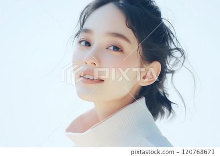 AI-generated image of a beautiful woman wearing a white knit 120768671