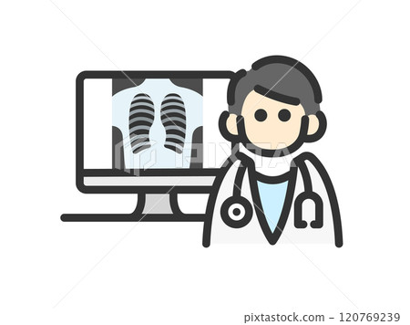 Illustration of a male doctor's icon (line drawing color) showing an x-ray Illustration of a male doctor's icon (line drawing color) showing an x-ray 120769239