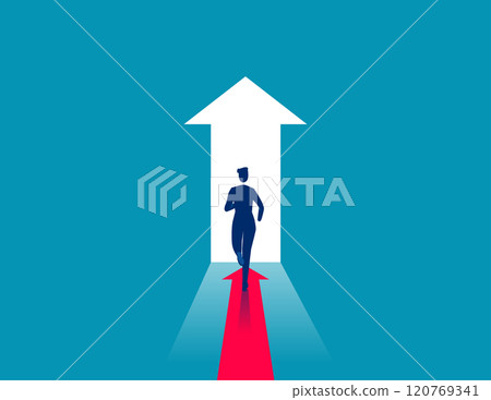 Business person with direction to the gate. Business accessibility vector flat style Business person with direction to the gate. Business accessibility vector flat style 120769341