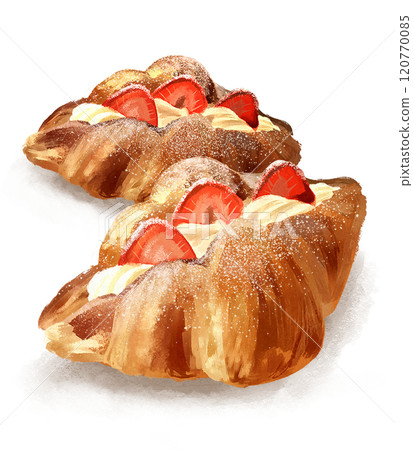手繪插圖的牛角麵包三明治配草莓和生奶油 120770085
