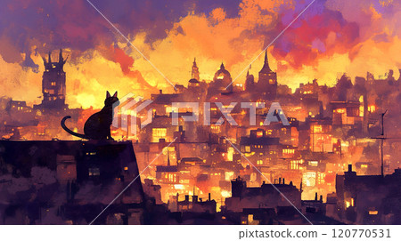 Watercolor illustration of a black cat looking at the city at dusk 120770531