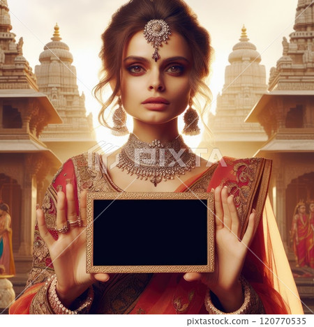 Young Indian girl with traditional clothing holding blank sign with Generative AI. 120770535