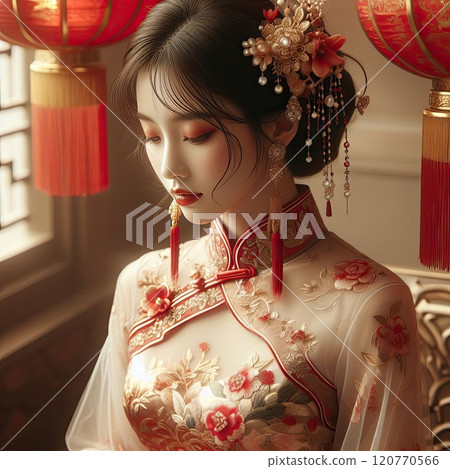 Elegance in Tradition, Chinese Cultural Attire,young girl with Cheongsam with Generative AI. 120770566