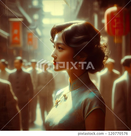 Elegance Amidst the Cityscape , 1930s Chinese woman with cheongsam with Generative AI. Elegance Amidst the Cityscape , 1930s Chinese woman with cheongsam with Generative AI. 120770576