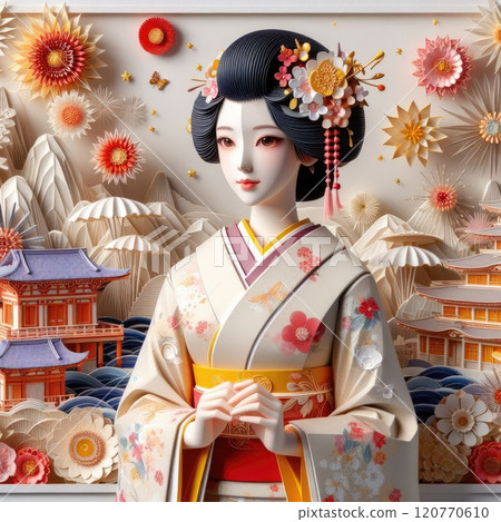 A Graceful Blend of Traditional Japanese Culture and Art with Japanese kimono woman with Generative AI. 120770610