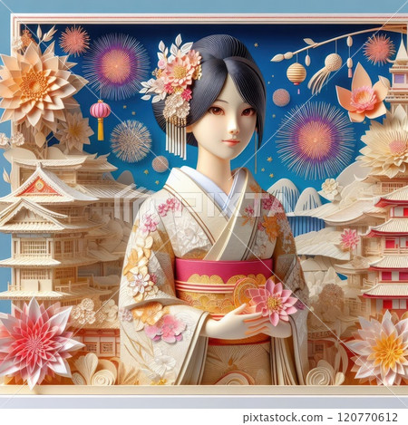 A Graceful Blend of Traditional Japanese Culture and Art with Japanese kimono woman with Generative AI. 120770612