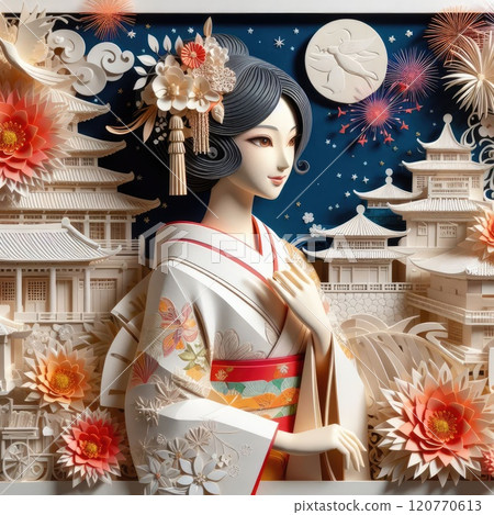 A Graceful Blend of Traditional Japanese Culture and Art with Japanese kimono woman with Generative AI. 120770613