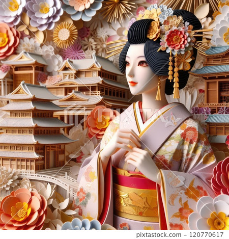 A Graceful Blend of Traditional Japanese Culture and Art with Japanese kimono woman with Generative AI. 120770617