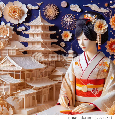 A Graceful Blend of Traditional Japanese Culture and Art with Japanese kimono woman with Generative AI. 120770621