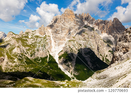 Untrodden places near peaks in Dolomites. Bright sunny day in high mountains. Untrodden places near peaks in Dolomites. Bright sunny day in high mountains. 120770693