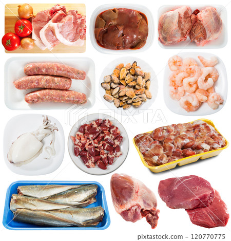 Raw meat, fish and poultry isolated on white background Raw meat, fish and poultry isolated on white background 120770775
