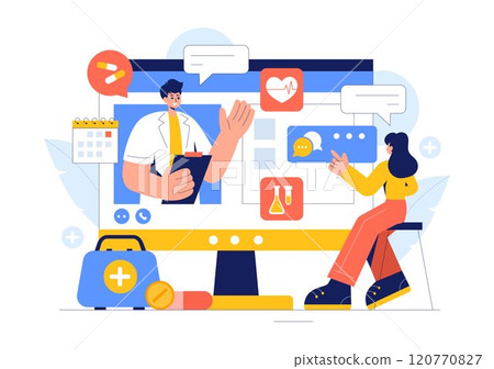 Remote Health Monitoring Vector Illustration featuring the Use of Digital Technology to Track Medical and Health Data in a Fat Style Background Remote Health Monitoring Vector Illustration featuring the Use of Digital Technology to Track Medical and Health Data in a Fat Style Background 120770827