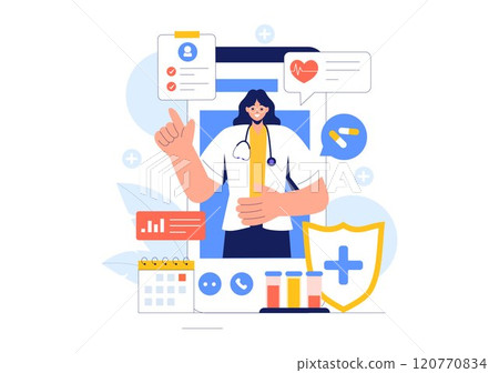 Remote Health Monitoring Vector Illustration featuring the Use of Digital Technology to Track Medical and Health Data in a Fat Style Background 120770834