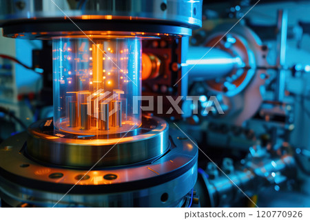 Advanced quantum reactor technology apparatus is illuminated with high tech research lab, highlighting intricate details innovative elements. 120770926