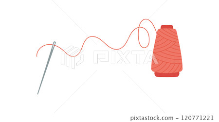 Sewing needle and spool icon, flat sewing craft tool design, vector embroidery decoration element, hand drawn dressmaking supplies object, cartoon fashion accessories illustration, 120771221