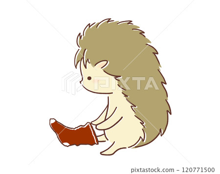 Illustration of a hedgehog putting on socks 120771500