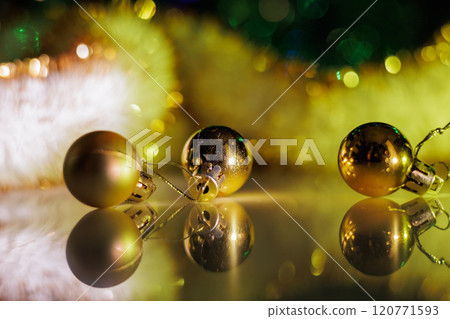 Happy New Year Christmas tree decorates with golden glass ball on branch snow 120771593
