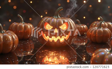 beautiful creepy watercolor happy Halloween greeting card with pumpkin and copy space background. High quality illustration 120771623