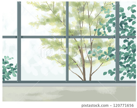 窗框和綠樹 120771656