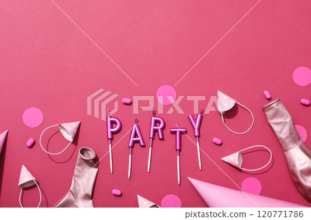 Concept of party decor and confetti, balloons and candles. 120771786