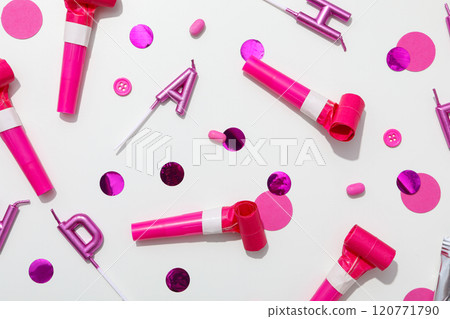 Concept of party decor and confetti, balloons and candles. Concept of party decor and confetti, balloons and candles. 120771790