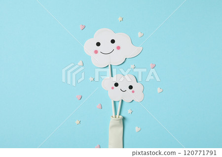 Concept of party decor and confetti, balloons and candles. Concept of party decor and confetti, balloons and candles. 120771791