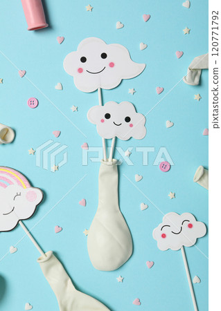 Concept of party decor and confetti, balloons and candles. 120771792