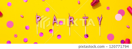 Concept of party decor and confetti, balloons and candles. Concept of party decor and confetti, balloons and candles. 120771794