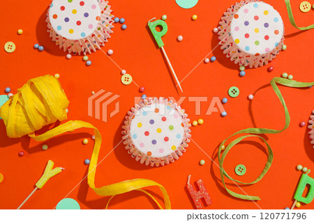 Concept of party decor and confetti, balloons and candles. 120771796