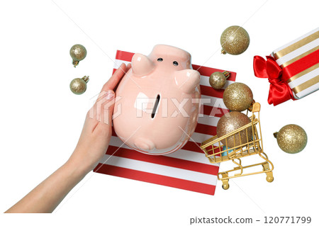 PNG, Christmas piggy bank, with festive decorations and gifts, isolated on white background. PNG, Christmas piggy bank, with festive decorations and gifts, isolated on white background. 120771799