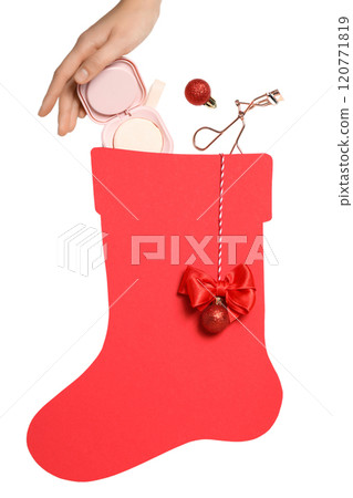 PNG, Christmas cosmetics, decorative cosmetics with Santa's boot, isolated on white background. 120771819