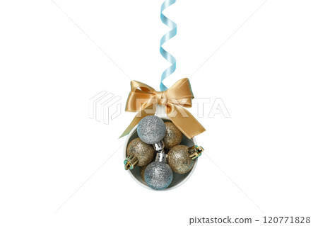 Happy New Year, shiny Christmas balls in a cup with a bow on the handle, top view, created with Generative AI technology, PNG 120771828