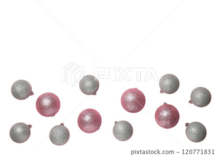 Happy New Year, falling silver and pink shiny Christmas tree balls with space for text, created with Generative AI technology, PNG 120771831