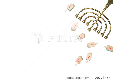 Happy Hanukkah, golden Jewish candlestick Hanukkiah and wooden dreidels with place for text, created with Generative AI technology, PNG 120771838