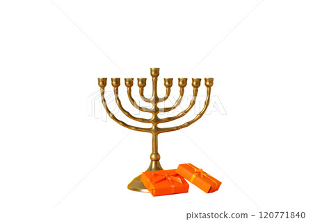 Happy Hanukkah, golden Jewish candlestick Hanukkiah and orange gift boxes nearby, created with Generative AI technology, PNG 120771840