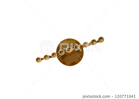 Happy Hanukkah, golden Jewish candlestick - Hanukkiah top view, created with Generative AI technology, PNG Happy Hanukkah, golden Jewish candlestick - Hanukkiah top view, created with Generative AI technology, PNG 120771841