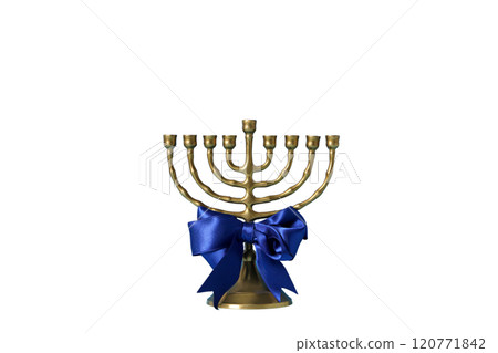 Happy Hanukkah, golden Jewish Hanukkiah candlestick with blue bow, created with Generative AI technology, PNG Happy Hanukkah, golden Jewish Hanukkiah candlestick with blue bow, created with Generative AI technology, PNG 120771842