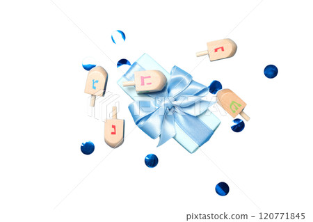 Happy Hanukkah, gift box and wooden dreidels top view, created with Generative AI technology, PNG Happy Hanukkah, gift box and wooden dreidels top view, created with Generative AI technology, PNG 120771845