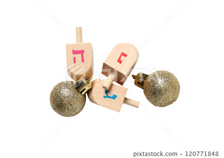 Happy Hanukkah, wooden dreidels and shiny Christmas balls close up, created with Generative AI technology, PNG Happy Hanukkah, wooden dreidels and shiny Christmas balls close up, created with Generative AI technology, PNG 120771848