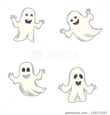 Set of Cute Scary Horrible Ghost Horror Cartoon Character Wearing White Cloth 120771871