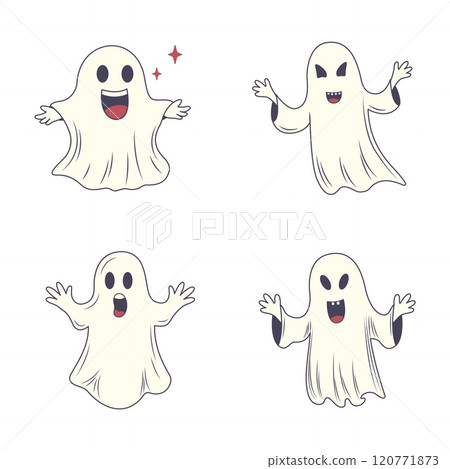 Set of Cute Scary Horrible Ghost Horror Cartoon Character Wearing White Cloth 120771873