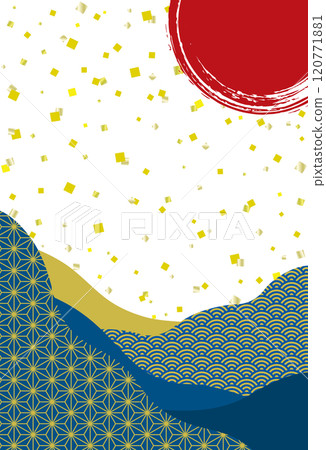 Japanese-style banner with gold leaf and Japanese patterns, New Year's card background / vertical, navy blue 120771881