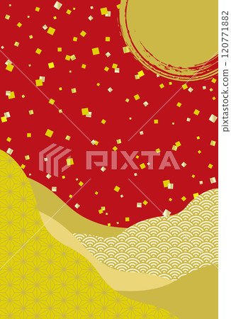 Japanese-style banner with gold leaf and Japanese patterns / New Year's card background / vertical, gold and red background 120771882