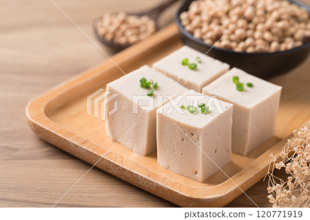 Fresh tofu with soy bean seeds, Vegan food ingredient in Asian cuisine, Plant based diet 120771919