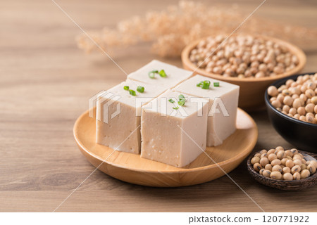 Fresh tofu with soy bean seeds, Vegan food ingredient in Asian cuisine, Plant based diet Fresh tofu with soy bean seeds, Vegan food ingredient in Asian cuisine, Plant based diet 120771922