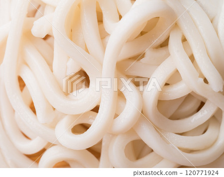 Udon noodles, Thick noodles in Japanese cuisine, Close up 120771924