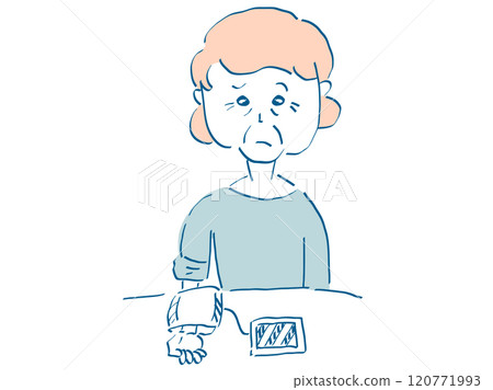 Home care: Measuring blood pressure at the hospital. A hand-drawn vector illustration of an elderly woman managing her health. 120771993