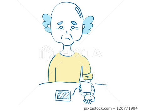 Home care: Measuring blood pressure at the hospital. Hand-drawn vector illustration of an old man managing his health. 120771994