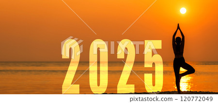 Happy new year card 2025. Silhouette lifestyle woman yoga practicing yoga standing as part of Number 2025 120772049