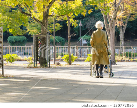 Senior couple: man in wheelchair and woman assisting him 120772086